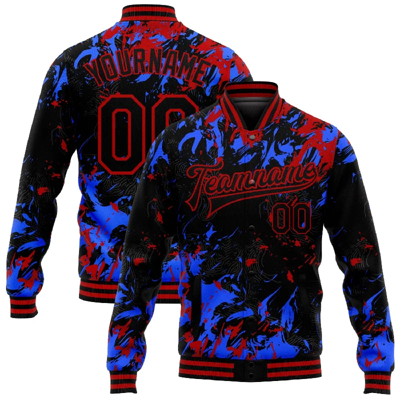 Comfortable And Stylish Unisex Outfits Classy Style Discounts Custom Black Red-Royal 3D Pattern Design Bomber Full-Snap Varsity Letterman Jacket Comfortable And Stylish Unisex Outfits Classy Style Discounts Custom Black Red-Royal 3D Pattern Design Bomber Full-Snap Varsity Letterman Jacket
