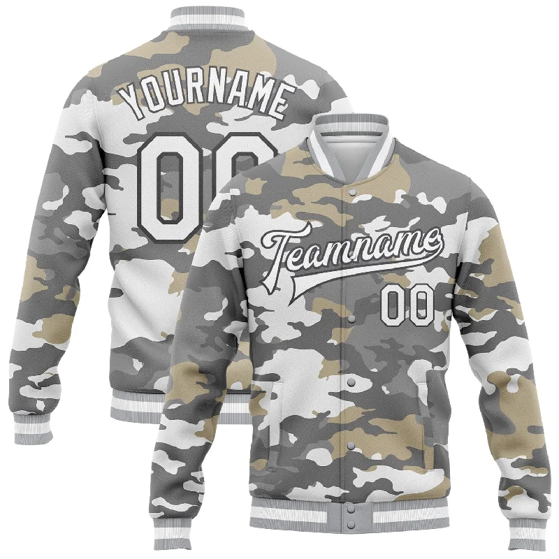 Bold And Trendy Gender-Neutral Outfits Modish Fashion Discounts Custom Camo White-Steel Gray Snow Camouflage 3D Bomber Full-Snap Varsity Letterman Salute To Service Jacket Bold And Trendy Gender-Neutral Outfits Modish Fashion Discounts Custom Camo White-Steel Gray Snow Camouflage 3D Bomber Full-Snap Varsity Letterman Salute To Service Jacket