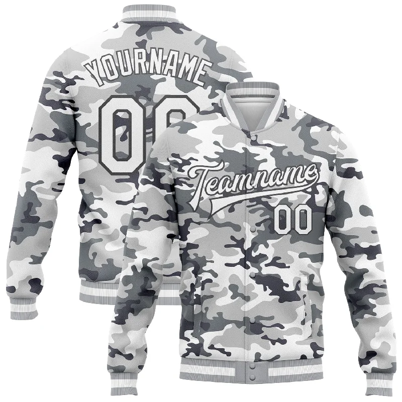 Chic And Casual Unisex Fashion Trends Athleisure Style Sale Custom Camo White-Steel Gray Snow Camouflage 3D Bomber Full-Snap Varsity Letterman Salute To Service Jacket Chic And Casual Unisex Fashion Trends Athleisure Style Sale Custom Camo White-Steel Gray Snow Camouflage 3D Bomber Full-Snap Varsity Letterman Salute To Service Jacket