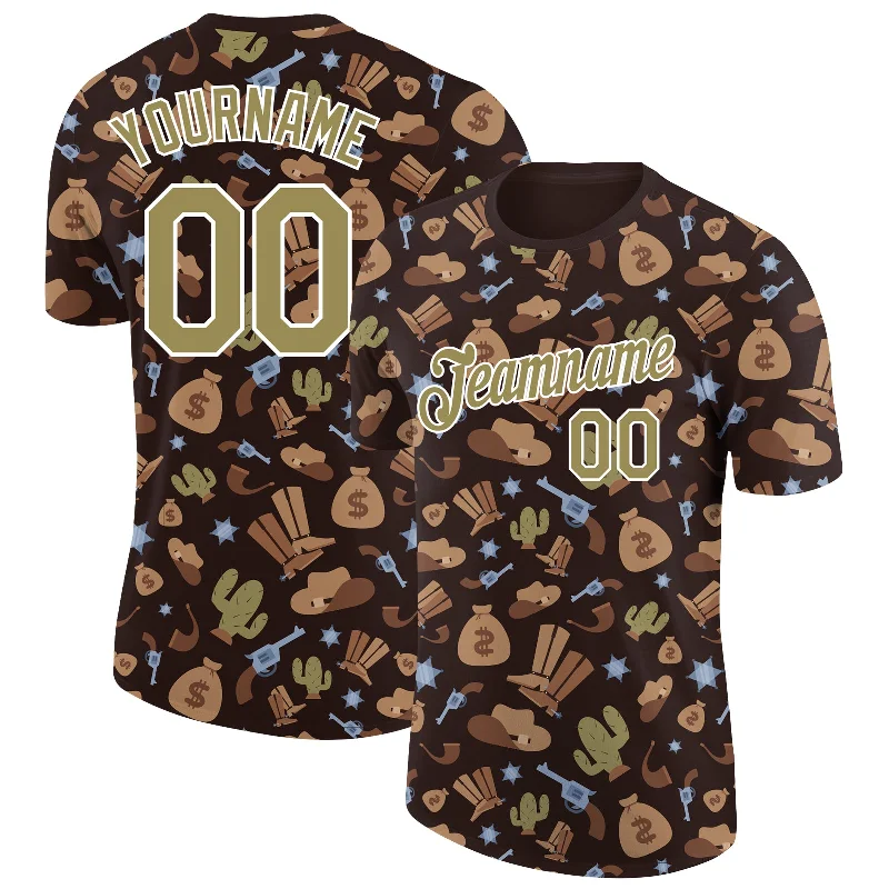 Functional And Stylish Unisex Wear Elegant Fashion Offers Custom Brown Vegas Gold-White 3D Pattern Design Cowboy Accessory Performance T-Shirt Functional And Stylish Unisex Wear Elegant Fashion Offers Custom Brown Vegas Gold-White 3D Pattern Design Cowboy Accessory Performance T-Shirt
