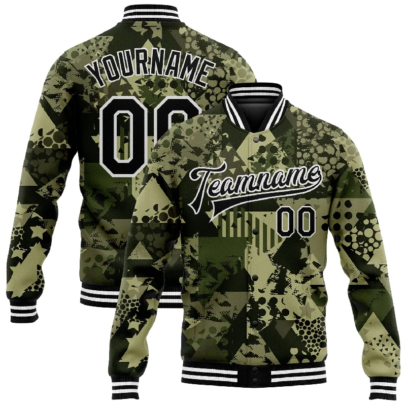 Fashion-Forward Unisex Apparel Save Big Custom Camo Black-White Geometric Camouflage 3D Bomber Full-Snap Varsity Letterman Salute To Service Jacket Fashion-Forward Unisex Apparel Save Big Custom Camo Black-White Geometric Camouflage 3D Bomber Full-Snap Varsity Letterman Salute To Service Jacket
