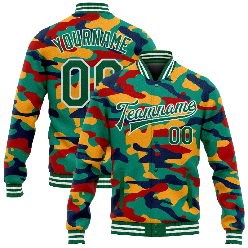 Elegant And Minimal Gender-Free Clothing Must-Have Style Discounts Custom Camo Kelly Green-White Fluorescent Camouflage 3D Bomber Full-Snap Varsity Letterman Salute To Service Jacket Elegant And Minimal Gender-Free Clothing Must-Have Style Discounts Custom Camo Kelly Green-White Fluorescent Camouflage 3D Bomber Full-Snap Varsity Letterman Salute To Service Jacket