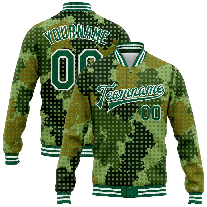 Minimalist Unisex Fashion Must-Haves Chic Style Discounts Custom Camo Kelly Green-White Geometric Camouflage 3D Bomber Full-Snap Varsity Letterman Salute To Service Jacket Minimalist Unisex Fashion Must-Haves Chic Style Discounts Custom Camo Kelly Green-White Geometric Camouflage 3D Bomber Full-Snap Varsity Letterman Salute To Service Jacket