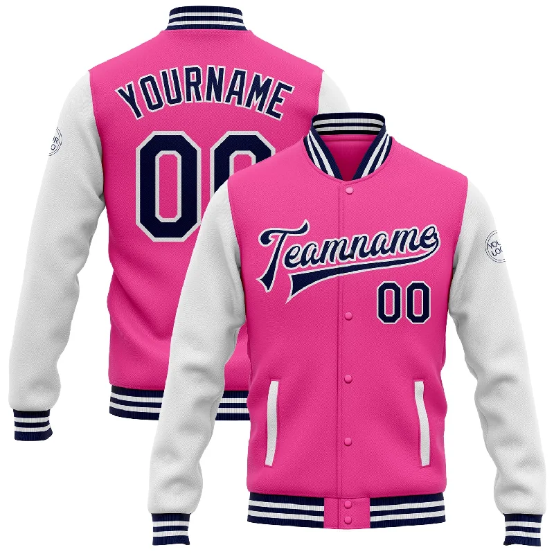 Effortless And Modern Unisex Dressing Quick Grab Deals Custom Pink Navy-White Bomber Full-Snap Varsity Letterman Two Tone Jacket Effortless And Modern Unisex Dressing Quick Grab Deals Custom Pink Navy-White Bomber Full-Snap Varsity Letterman Two Tone Jacket