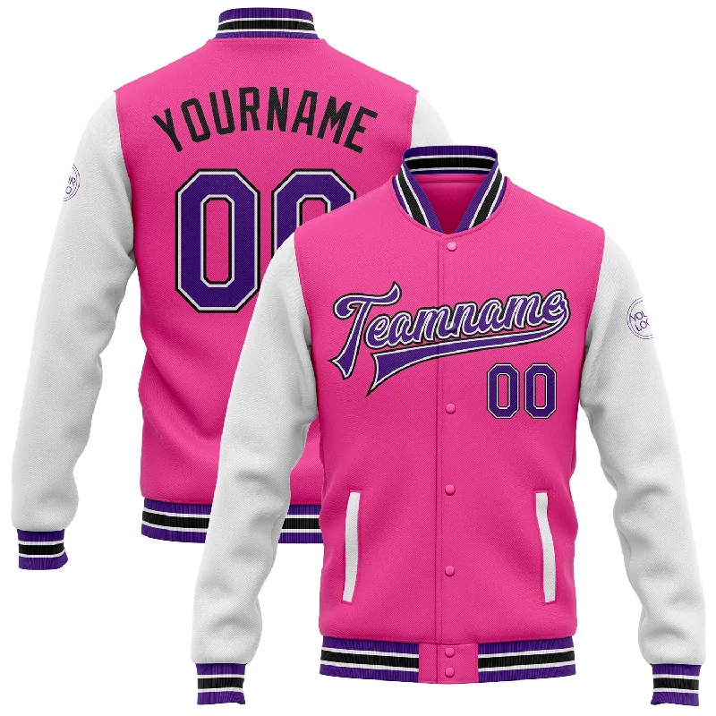 High-Quality Unisex Basics For All Occasions Budget Saver Custom Pink Purple White-Black Bomber Full-Snap Varsity Letterman Two Tone Jacket High-Quality Unisex Basics For All Occasions Budget Saver Custom Pink Purple White-Black Bomber Full-Snap Varsity Letterman Two Tone Jacket