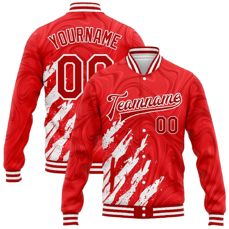 Sleek And Stylish Unisex Outerwear Easy Elegance Sales Custom Red White 3D Pattern Design Bomber Full-Snap Varsity Letterman Jacket Sleek And Stylish Unisex Outerwear Easy Elegance Sales Custom Red White 3D Pattern Design Bomber Full-Snap Varsity Letterman Jacket
