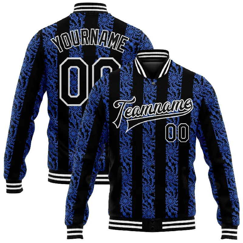 All-Season Unisex Clothing Collection Fashion-Forward Offers Custom Royal Black-White 3D Pattern Design Bomber Full-Snap Varsity Letterman Jacket All-Season Unisex Clothing Collection Fashion-Forward Offers Custom Royal Black-White 3D Pattern Design Bomber Full-Snap Varsity Letterman Jacket